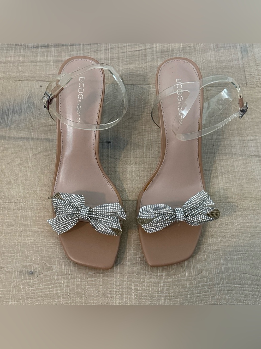 BCBGeneration Nude Sandals with Silver Crystal Bow